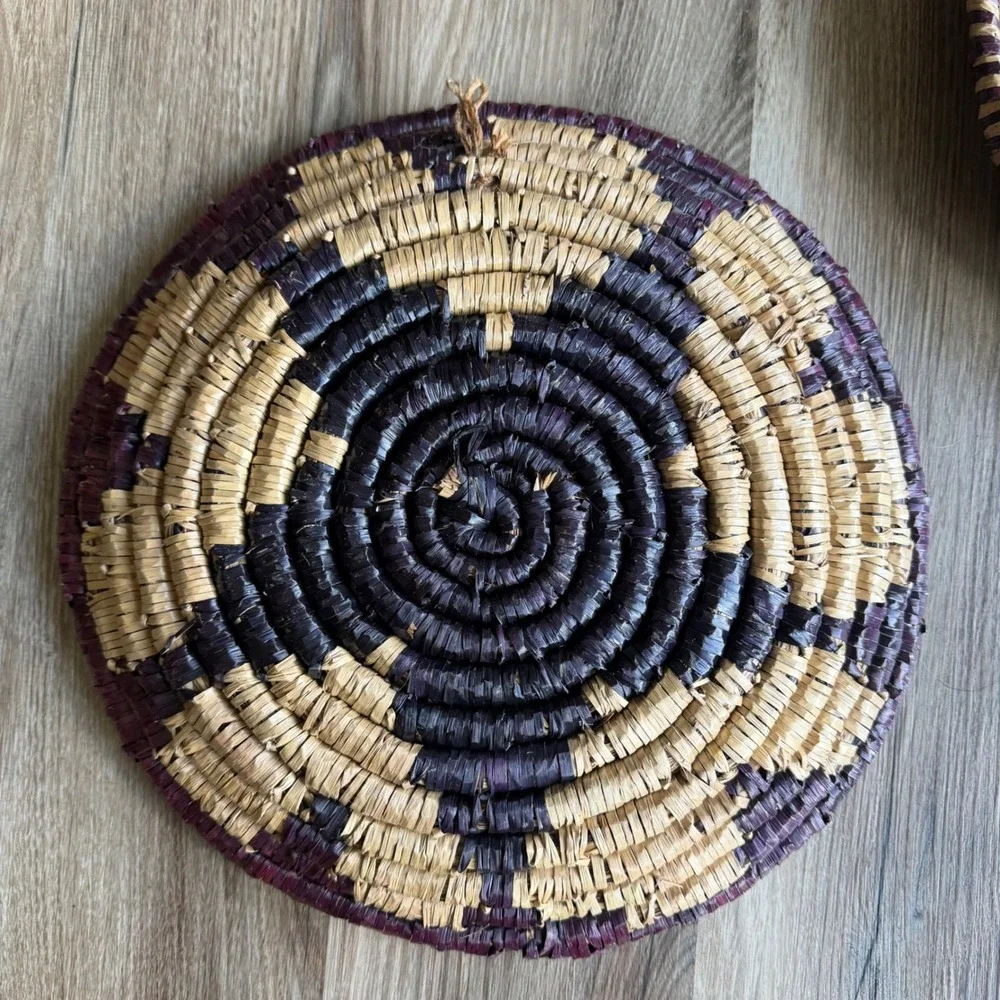 Set of 3 Handwoven Coiled Seagrass Wall Baskets Boho Burgundy Natural Decor